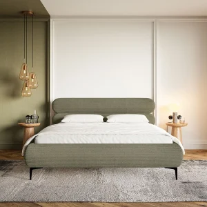 Gestoffeerd bed 160×200 – ribfluweel en zwarte poten – olijfgroen – ROULE CORD