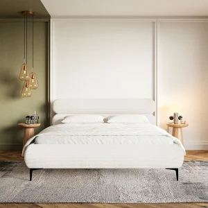 Gestoffeerd bed 140×200 – ribfluweel en zwarte poten – crème – ROULE CORD Gestoffeerd bed 140×200 – ribfluweel en zwarte poten – crème – ROULE CORD