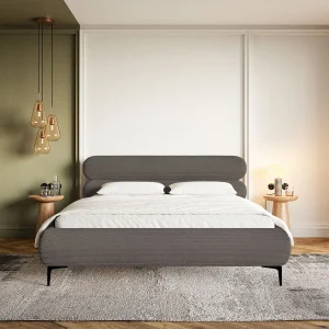 Gestoffeerd bed 140×200 – ribfluweel en goudkleurige poten – grijs – ROULE CORD Gestoffeerd bed 140×200 – ribfluweel en goudkleurige poten – grijs – ROULE CORD