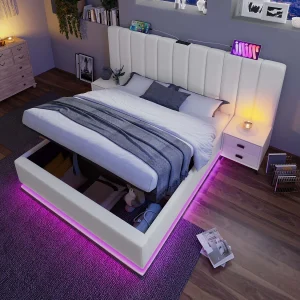 Gestoffeerd opbergbed 160×200 cm van PU, wit, met LED-verlichting en USB/USB-C Gestoffeerd opbergbed 160×200 cm van PU, wit, met LED-verlichting en USB/USB-C