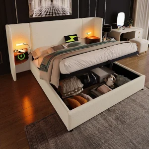 Gestoffeerd bed 160×200 cm van linnen, beige, met opbergruimte, leeslamp en USB/Type-C
