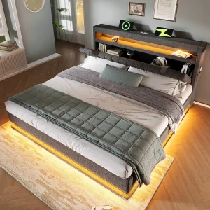Gestoffeerd bed 140×200 cm van linnen, grijs, met LED en opbergruimte + matras Gestoffeerd bed 140×200 cm van linnen, grijs, met LED en opbergruimte + matras