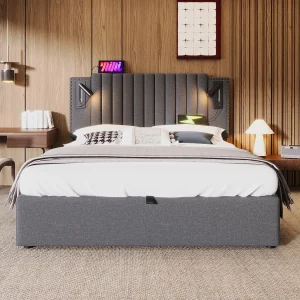 Gestoffeerd bed 140×200 cm van katoen, grijs met opbergruimte, verstelbaar hoofdbord en USB/leeslamp Gestoffeerd bed 140×200 cm van katoen, grijs met opbergruimte, verstelbaar hoofdbord en USB/leeslamp