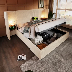 Gestoffeerd bed 160×200 cm van corduroy, beige-wit met opbergruimte, hoofdbord met USB/Type-C en leeslamp