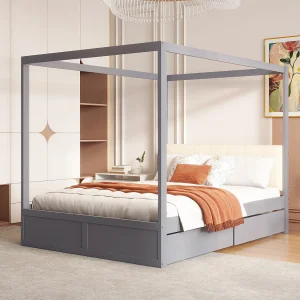 Hemelbed 140×200 cm van hout met 2 lades en gestoffeerd hoofdbord, grijs Hemelbed 140×200 cm van hout met 2 lades en gestoffeerd hoofdbord, grijs