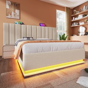 Gestoffeerd opbergbed 160×200 cm van linnen, beige, met LED-verlichting en USB/USB-C Gestoffeerd opbergbed 160×200 cm van linnen, beige, met LED-verlichting en USB/USB-C
