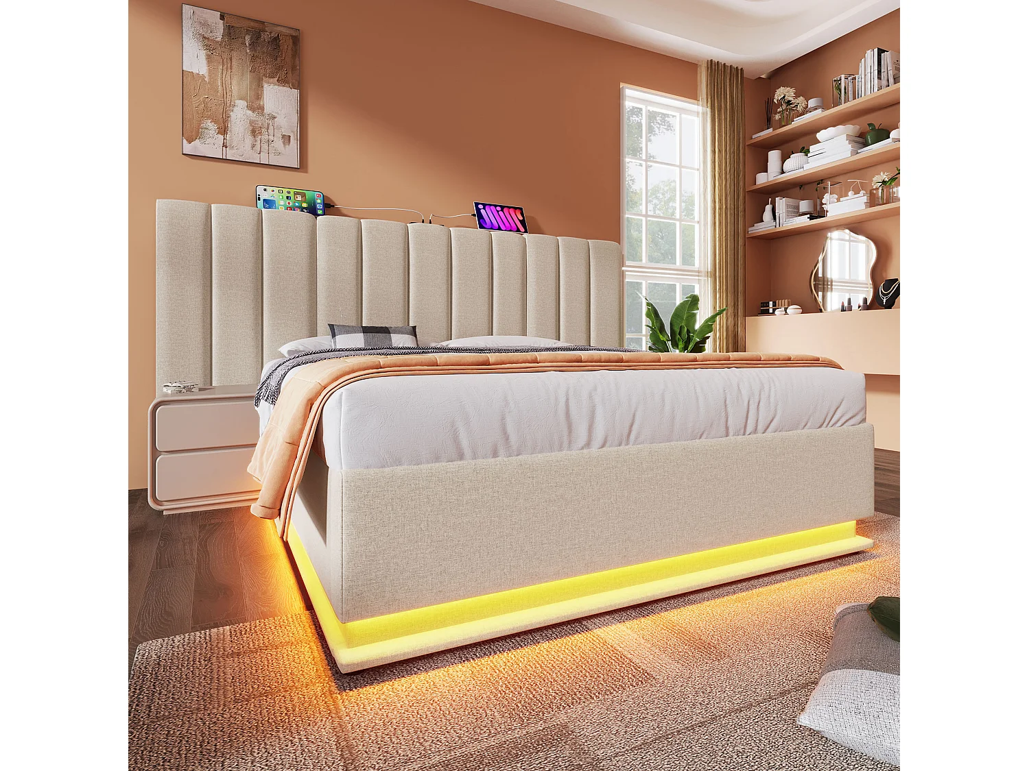 Gestoffeerd opbergbed 160x200 cm van linnen, beige, met LED-verlichting en USB/USB-C
