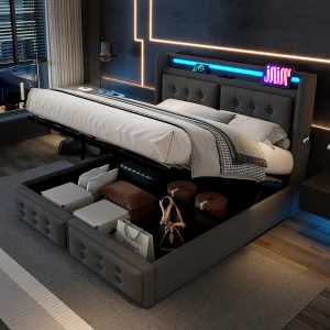 Gestoffeerd bed 140×200 cm van katoen-linnen, grijs, met opbergruimte, LED en USB/Type-C Gestoffeerd bed 140×200 cm van katoen-linnen, grijs, met opbergruimte, LED en USB/Type-C