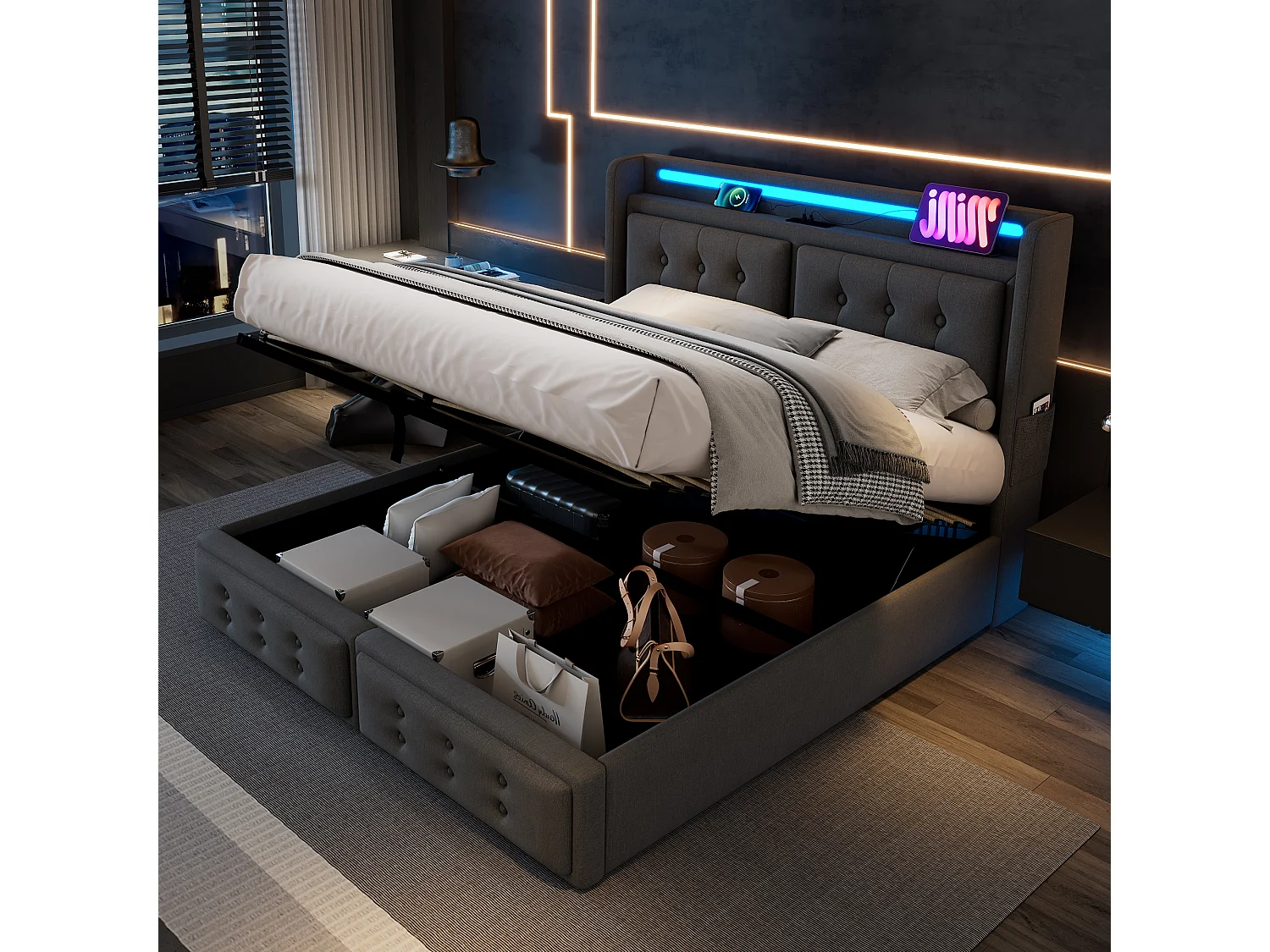 Gestoffeerd bed 140x200 cm van katoen-linnen, grijs, met opbergruimte, LED en USB/Type-C