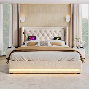 Gestoffeerd bed 140×200 cm van katoen, beige, met opbergruimte, USB/Type-C en 3-zijdige LED Gestoffeerd bed 140×200 cm van katoen, beige, met opbergruimte, USB/Type-C en 3-zijdige LED