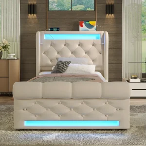 Gestoffeerd bed 90×200 cm van velvet met LED, opbergruimte en USB/Type-C, beige (incl. matras)