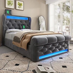 Gestoffeerd eenpersoonsbed 90×200 cm van fluweel, grijs, met LED en opbergruimte
