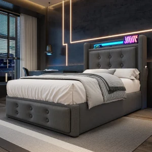 Gestoffeerd bed 90×200 cm van katoen-linnen, grijs, met opbergruimte, USB/Type-C en LED (incl. matras)