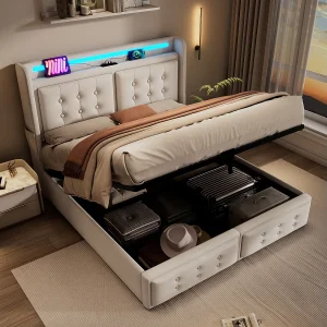 Gestoffeerd bed 160×200 cm van katoen-linnen, beige, met opbergruimte, LED en USB/Type-C (incl. matras)