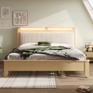 Gestoffeerd bed 140×200 cm van hout/MDF met beige corduroy hoofdbord, LED en opbergruimte (incl. matras) Gestoffeerd bed 140×200 cm van hout/MDF met beige corduroy hoofdbord, LED en opbergruimte (incl. matras)