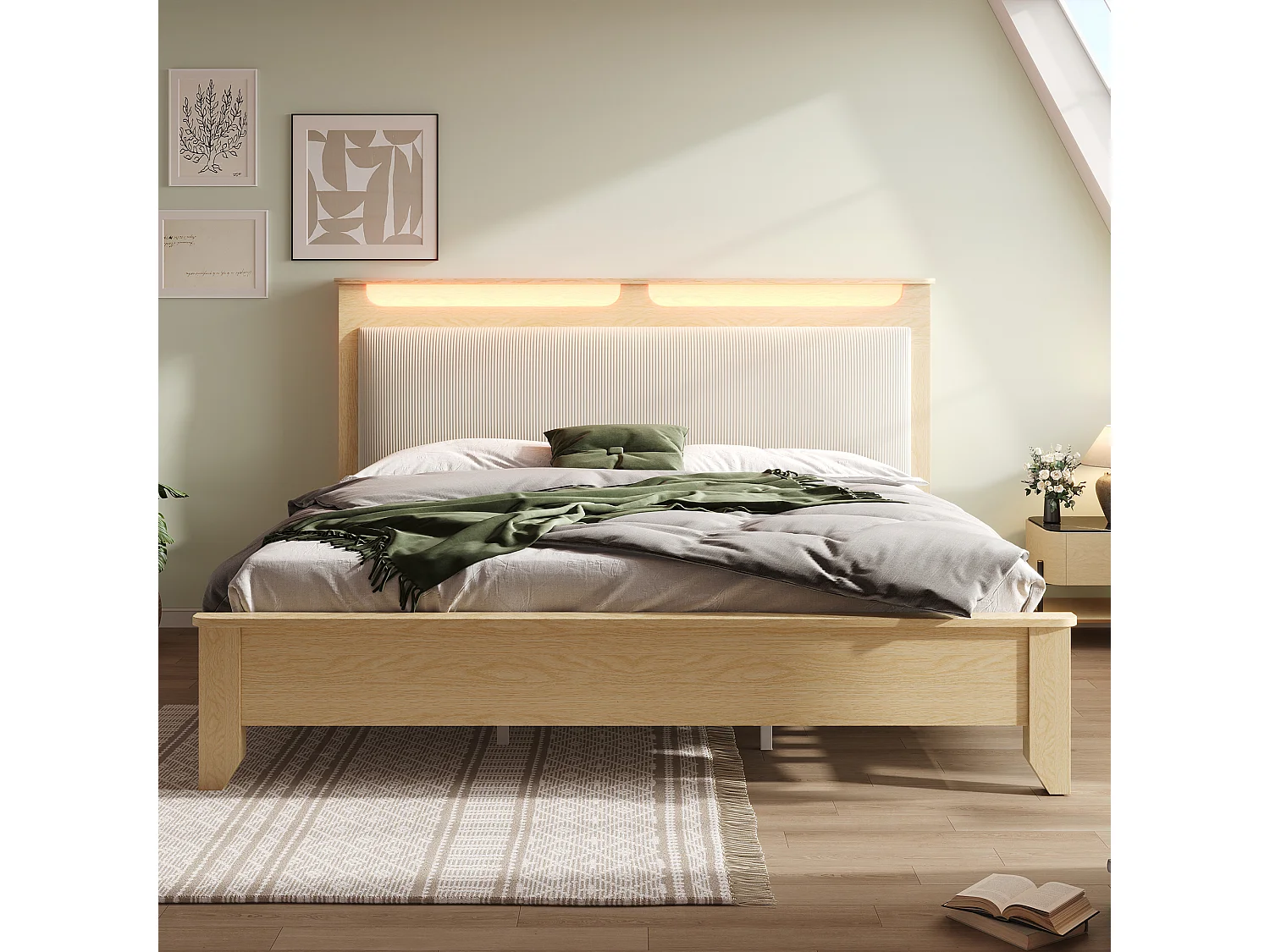 Gestoffeerd bed 140x200 cm van hout/MDF met beige corduroy hoofdbord, LED en opbergruimte (incl. matras)