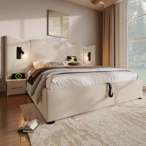 Gestoffeerd bed 160×200 cm van linnen, beige, met opbergruimte, leeslamp en USB/Type-C