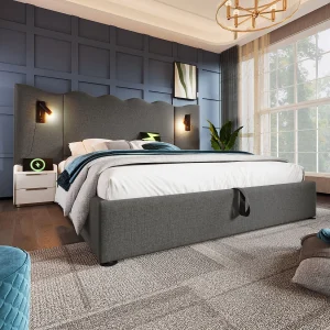 Gestoffeerd bed 160×200 cm van linnen, grijs, met opbergruimte en USB/Type-C