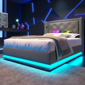 Gestoffeerd bed 90×200 cm van katoen, grijs, met hydraulische opbergruimte, LED en USB/Type-C