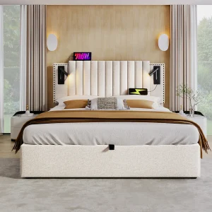 Gestoffeerd bed 140×200 cm katoen, beige, met opbergruimte en verstelbaar hoofdbord Gestoffeerd bed 140×200 cm katoen, beige, met opbergruimte en verstelbaar hoofdbord