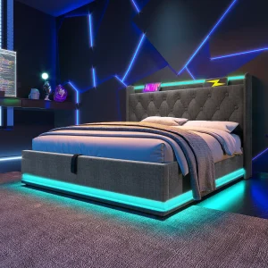 Gestoffeerd bed 140×200 cm van linnen, grijs, met LED 360° en hydraulische opbergruimte Gestoffeerd bed 140×200 cm van linnen, grijs, met LED 360° en hydraulische opbergruimte