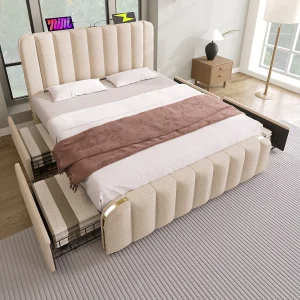 Gestoffeerd bed 160×200 cm in beige linnen met 4 lades, USB/Type-C en matras (H3)