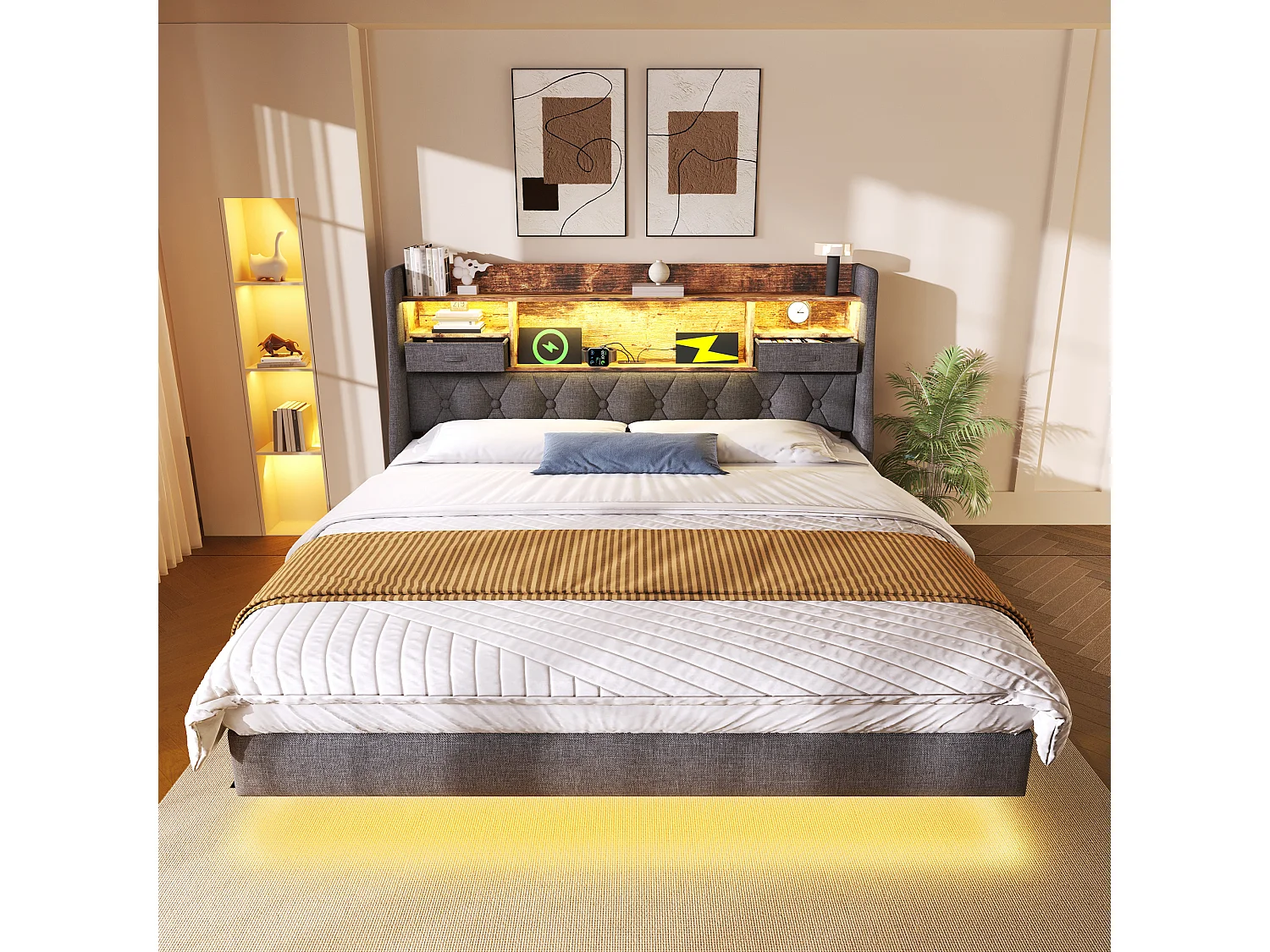 Gestoffeerd bed 140x200 cm van linnen, grijs, met LED en oplaadpunten, incl. lattenbodem en matras