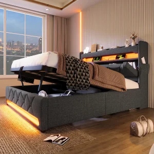 Gestoffeerd bed 160×200 cm van linnen, grijs, met opbergruimte, LED en USB/Type-C (incl. matras)