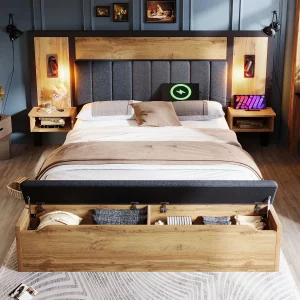 Gestoffeerd bed 160×200 cm van hout en metaal, eikenlook met leeslampen en USB-C