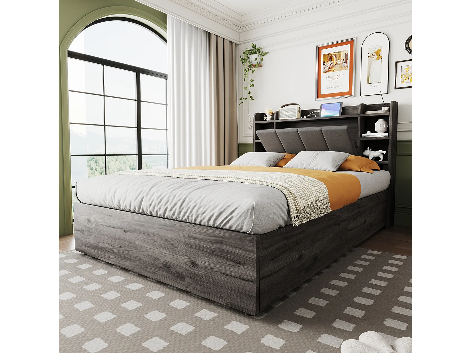 Gestoffeerd bed 140x200 cm van MDF, grijs, hydraulische opbergruimte, hoofdbord met vakken en USB/Type-C