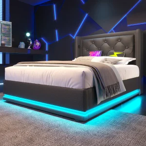 Gestoffeerd bed 90×200 cm van zwart PU met hydraulische opbergruimte, USB/Type-C en 3-zijdige LED