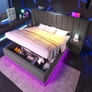Gestoffeerd opbergbed 160×200 cm van linnen, grijs, met LED-verlichting en USB/USB-C Gestoffeerd opbergbed 160×200 cm van linnen, grijs, met LED-verlichting en USB/USB-C