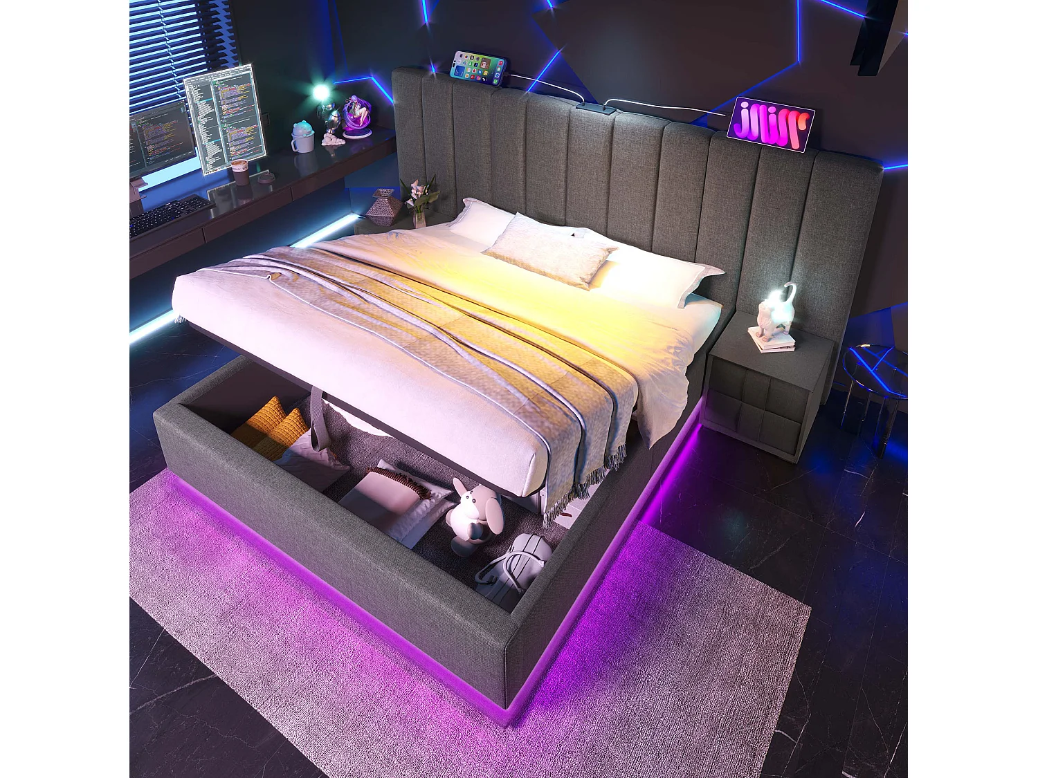 Gestoffeerd opbergbed 160x200 cm van linnen, grijs, met LED-verlichting en USB/USB-C