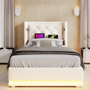 Gestoffeerd bed 90×200 cm van katoen, beige, met hydraulische opbergruimte, USB/Type-C en 3-zijdige LED