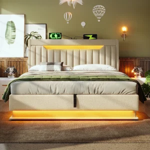 Gestoffeerd bed 140×200 cm van linnen, beige, met LED, USB/Type-C en opbergruimte incl. matras Gestoffeerd bed 140×200 cm van linnen, beige, met LED, USB/Type-C en opbergruimte incl. matras