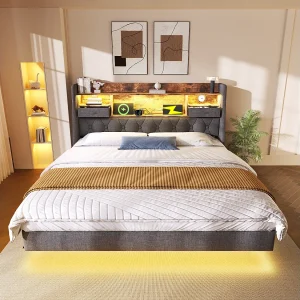 Gestoffeerd bed 160×200 cm met LED-verlichting, USB/Type-C en opbergruimte, linnen grijs