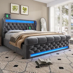 Gestoffeerd bed 140×200 cm met LED, opbergruimte en USB/Type-C, grijs fluweel (incl. matras)