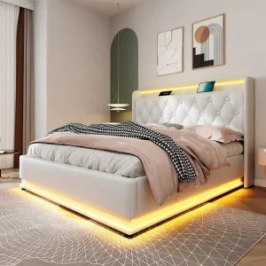 Gestoffeerd bed 140×200 cm van PU (wit) met LED rondom, opbergruimte en USB/Type-C, incl. matras Gestoffeerd bed 140×200 cm van PU (wit) met LED rondom, opbergruimte en USB/Type-C, incl. matras