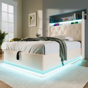 Gestoffeerd bed 90×200 cm van wit PU met LED-verlichting, opbergruimte en USB/Type-C