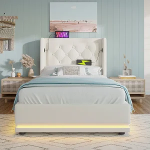 Gestoffeerd bed 90×200 cm van wit PU met hydraulische opbergruimte, LED en USB/Type-C