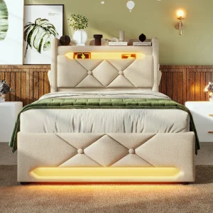 Gestoffeerd bed 90×200 cm met linnen bekleding, LED-360° en opbergruimte, beige (incl. matras)