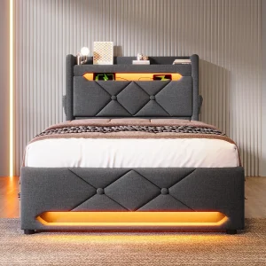 Gestoffeerd bed 90×200 cm met opbergruimte, LED-verlichting en USB/Type-C, grijs linnen incl. matras