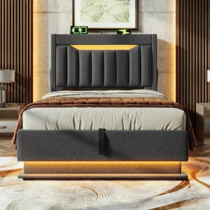 Gestoffeerd bed 90×200 cm van linnen, grijs, met LED en USB/Type-C, met opbergruimte en matras