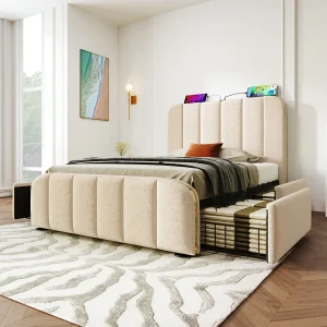 Gestoffeerd eenpersoonsbed 90×200 cm van linnen (beige) met 4 lades en USB/Type-C, incl. matras