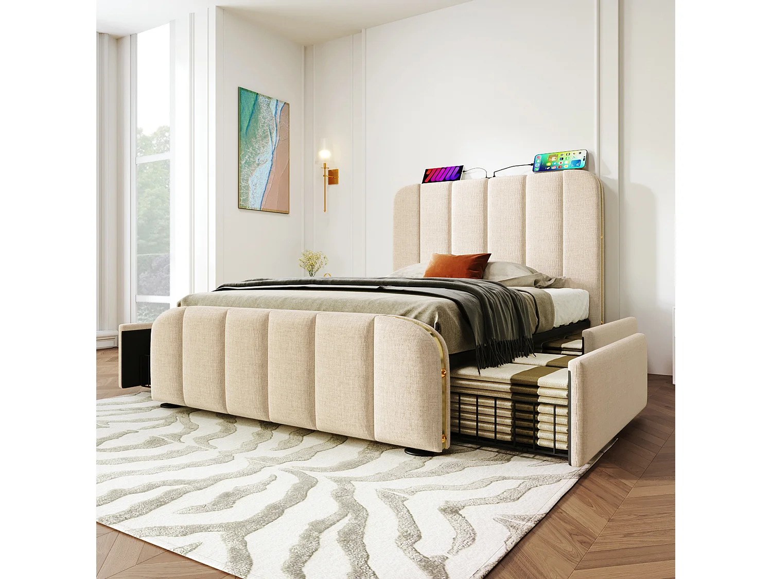 Gestoffeerd eenpersoonsbed 90x200 cm van linnen (beige) met 4 lades en USB/Type-C, incl. matras