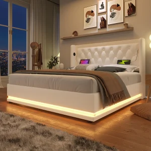 Gestoffeerd bed 160×200 cm van PU, wit, met opbergruimte, USB/Type-C en 3-zijdige LED (incl. matras)