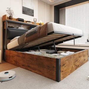 Gestoffeerd bed 140×200 cm van hout en metaal, zwart, met hydraulische opbergruimte en USB Gestoffeerd bed 140×200 cm van hout en metaal, zwart, met hydraulische opbergruimte en USB