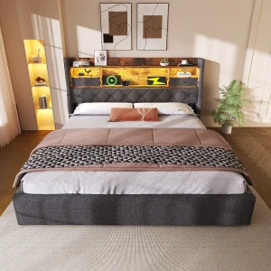 Gestoffeerd bed 160×200 cm van linnen in grijs, met hydraulische opbergruimte, LED-hoofdbord en matras