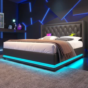 Gestoffeerd opbergbed 160×200 cm van PU, zwart, met USB/Type-C en 3-zijdige LED, incl. matras Gestoffeerd opbergbed 160×200 cm van PU, zwart, met USB/Type-C en 3-zijdige LED, incl. matras