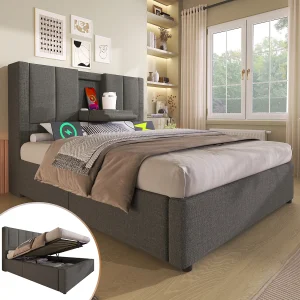 Gestoffeerd eenpersoonsbed met opbergruimte – 90 x 200 cm – met verborgen bekerhouder en oplaadstation – linnen – grijs Gestoffeerd eenpersoonsbed met opbergruimte – 90 x 200 cm – met verborgen bekerhouder en oplaadstation – linnen – grijs